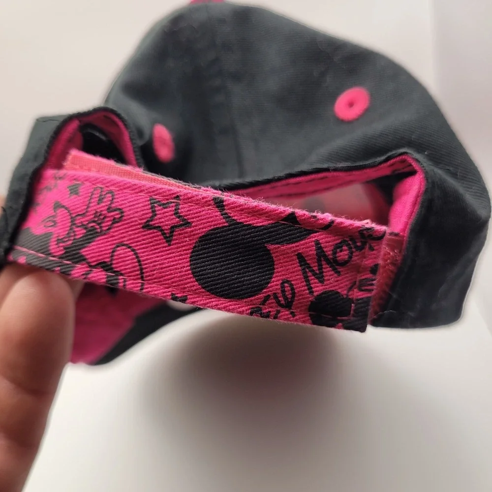 Disney Park, Mickey Mouse Youth, Cap, Pink Black With Rhinestones Adjustable